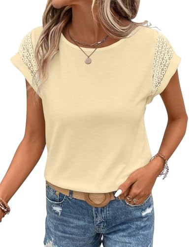 Image of Bliwov Womens Tops Lace Cap Sleeve T Shirts,Cute Trendy Casual,Beach Vacation Outfits,Summer Spring Fashion Clothes