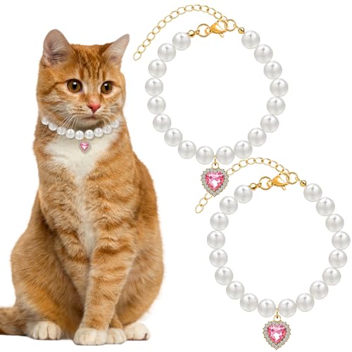 2 pezzi collare di perle per gatti con ciondolo a forma di cuore strass carina collana di perle per animali domestici, taglia regolabile accessori per gioielli per cani di piccola taglia per cuccioli