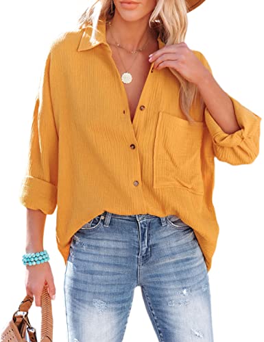 Uaneo Womens Summer Cotton Oversized Button Down Shirts Casual Long Sleeve Tops Blouses (Yellow-XL)