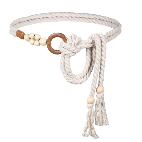 Women Tassel Braided Waist Belt, Women's Skinny Tassel Waist Belts with Wooden Beads Waist Belt Rope Chain, Trendy Boho Thin Belts White Thin Woven Waist Rope Belt for Dresses Skirts Tunics