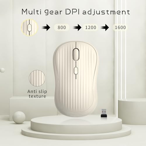 Image of ONE-UP Wireless Mouse, 2.4G + Bluetooth, Rechargeable Battery, 4-Key, DPI: 800 /1200 /1600, Silent, Type-C, USB Nano Receiver, Ergonomic, Portable, for Laptop, Chromebook, PC, Mac, Windows (Beige)