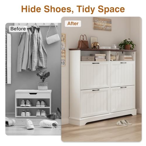 Image of Hidden Shoe Storage Cabinet with 4 Flip Drawers & Open Storage
