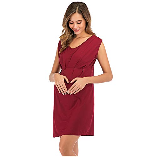 Summer Womens Maternity Tank Dress Casual Ruched Sleeveless Ruched A Line Pregnancy Dresses for Casual Wear or Baby Shower (Wine, XL)