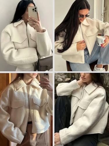 hathne Women's Wool Coat Casual Copped Bomber Jacket Zip Up Fall Shacket Coat Outerwear with Pockets4