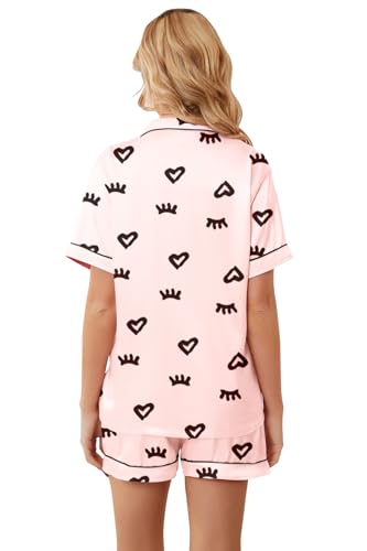 Image of Umeyda Women & Girls Pajamas Set, 2 Piece PJS Satin Silk Sleepwear Button-Down Top with Shorts for Mom Kids Gifts