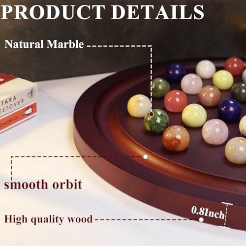 Juego de Mesa Solitario de Mármol HOROW 15.7 Pulgadas Versión Deluxe con Tablero de Madera y 36 Canicas de Piedra Natural miniatura 2