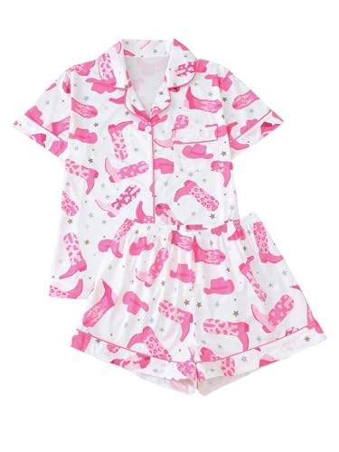 WDIRARA Womens 2 Piece Boots Graphic Pajama Set Pocket Patched Button Down Shirt with Shorts Satin Sleepwear Pink White Large