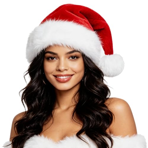 OGAJO Christmas Hat for Adults Santa Hats Unisex Red Velvet Extra Thicken Holiday Headwear Xmas Hat for Festive New Year Party (1pcs)