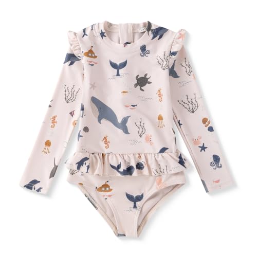 Image of Girls One Piece Swimsuits Zipper Rash Guard Long Sleeve Bathing Suit with Ruffle Hem UPF50+