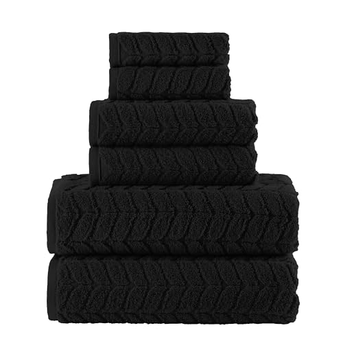 Image of Elegant Comfort Luxury 6-Piece 100% Turkish Cotton Jacquard Braided Textured Premium Hotel Quality Towel Set- Soft and Absorbent, Includes 2 Bath Towels, 2 Hand Towels and 2 Washcloths, Black