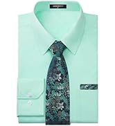 Men's Solid Long Sleeve Dress Shirt with Matching Tie and Handkerchief Set Classic Button Down Fo...