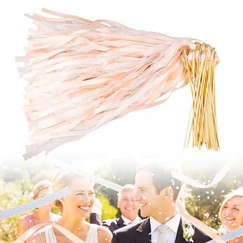 Lot de 50 murs de mariage avec cloche, baguettes magiques serpentins avec cloches, baguettes avec rubans de mariage, baguette de fée en soie, baguettes avec...