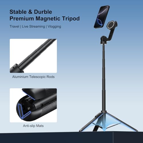Image of Mobilife Magnetic Selfie Stick Tripod 64 inch Long Tripod Stand for Magsafe iPhone 360 Degree Rotation Versatile Mobile Holder with Bluetooth Remote for Camera Gopro Vlogging Live Streaming Travel