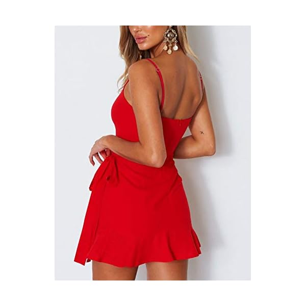 Relipop Women's Dress Spaghetti Strap Waist Tie Knot Wrap Front Ruffle Hem Short Dress Red