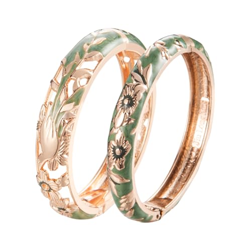 Image of UJOY Vintage Jewelry Cloisonne Handcrafted Flower Enameled Gorgeous Rhinestone Hinged Cuff Bracelet Bangles Gifts 88A10