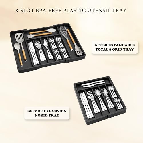 Image of mechdel Expandable Kitchen Drawer Organizer, 8-Slot BPA-Free Plastic Utensil Tray, Adjustable Flatware and Cutlery Holder for Spoons, Forks, and Knives, Kitchen Storage and Organization, Black