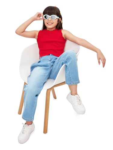 Image of olele Girls Super Jeans Collection for 4-14 Yrs | Stretchable Cotton Denim Trousers | Blue Jeans for Kids | Baggy Denim Pants | Cargo Pants for Girls