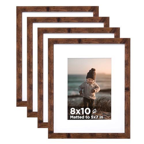 KINLINK 8x10 Picture Frame Rustic Brown Set of 4, Wooden Photo Frames Matted 5x7 with Plexiglass for 5x7 with Mat or 8x10 without Mat for Table and Wall Display