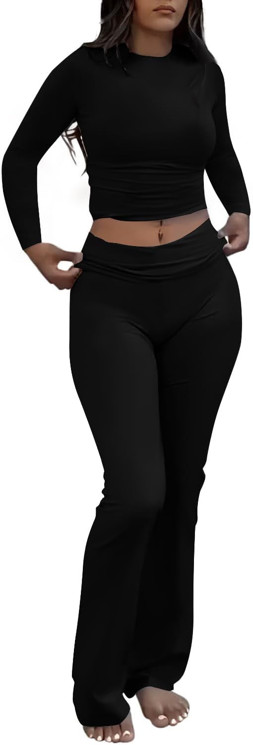 Women's 2 Piece Outfits Foldover Flare Pants Long Sleeve Crew Neck T-shirt Fitted Pajama Sets