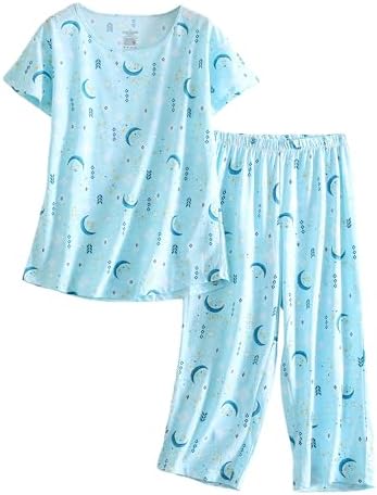 PNAEONG Womens Pajama Set Cotton Short Sleeve Top with Capri Pants Soft Pjs