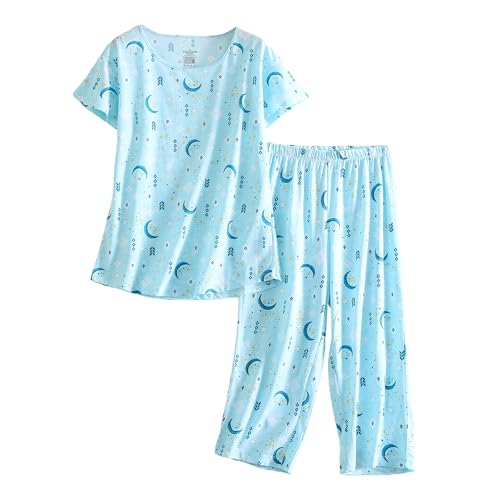 PNAEONG Women’s Pajama Set - Sleepwear Tops with Capri Pants Casual and Fun Prints Sets, Blue Moon, 3X-Large
