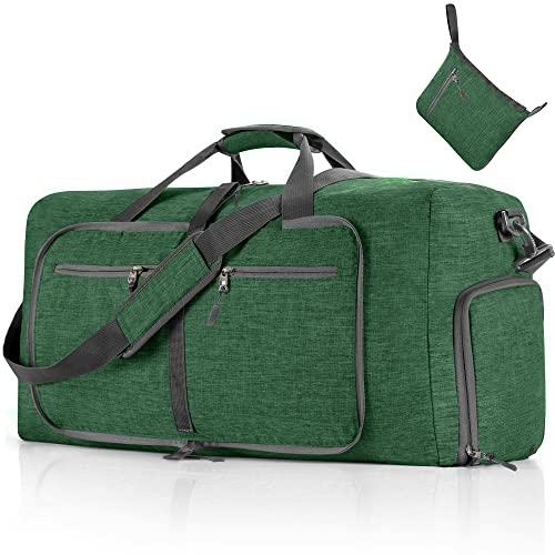 Vomgomfom 65L Foldable Travel Duffle Bag, Lightweight Checked Luggage with Shoe Compartment, Water-Resistant Weekender Overnight Bag for Men & Women, Deep Green