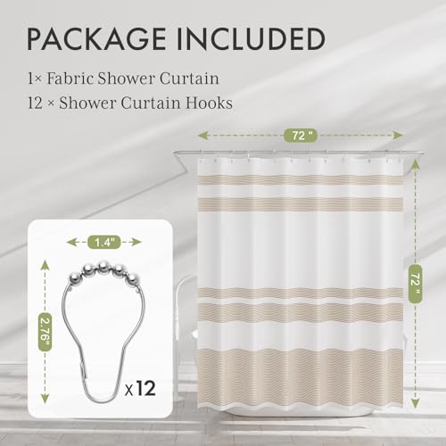 Image of AmazerBath Beige Shower Curtain, 72x72 Washable Cloth Neutral Light Tan Shower Curtain with 12 Hooks, Fabric Khaki and White Striped Set, Farmhouse Bathroom Shower Curtain