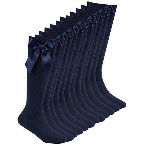 Image of Sock Stack 6 Pairs Girls Knee High School Socks with Fluffy Ribbons Bow Cotton Sock Long Uniform Back to School Party Wear, Navy, 12-3 (EU 31-36)