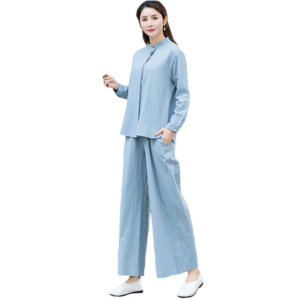 Kung Fu jednolity strój do sztuk walki chiński styl strój do jogi 2022 z długimi rękawami Tai Chi garnitur bawełna + len medytacja herbata garnitur damski dwuczęściowy garnitur, Blueb-XL