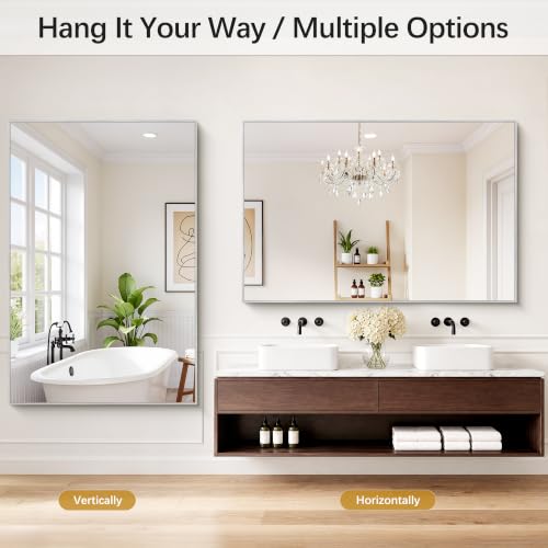 Image of DESBING 60 inch x 40 inch Bathroom Mirror, Silver Metal Frame Wall Mirror | HD Image,Shatterproof Decorative Rectangular Vanity Mirror for Bedroom Bathroom Living Room Entryway Horizontal or Vertical