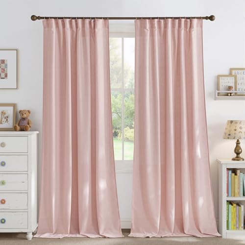 NICETOWN Thick Linen Blend Light Pink Sheer Curtains for Girls Room, Pleat Tape Semi Sheer Privacy Added with Light Filtering Window Treatments for Be