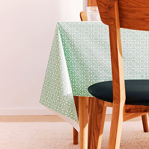 KP HOME Wipe Clean Tablecloth Turquoise Duck Egg PVC Table Cover - Rectangle 200 x 140 cm - Easy Wipeable Vinyl Plastic Table Cloth With Retro Mint Floral Print