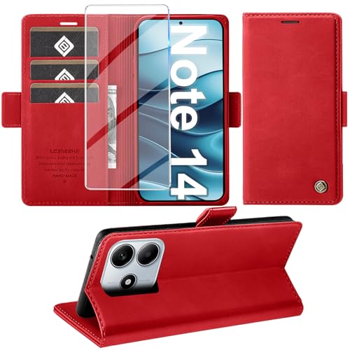 Coque rabat Redmi Note 14 5G cuir rouge avec porte-carte