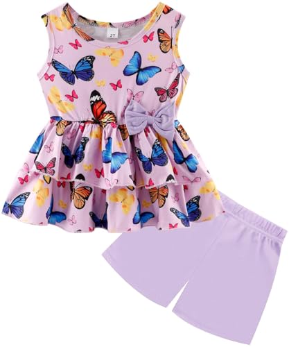 Image of Girls 2 Piece Outfit Summer Short Set Sleeveless Bow Knot Tank Top and Shorts Cute Clothes for Toddler Girls
