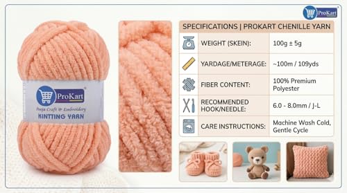 Image of ProKart Premium Blankie Wool, Plush & Cuddly, Chenille Yarn Supersoft Hand Knitting Wool Ball | Blanket Thick /Mottu Yarn Ball Suitable for Hand Knitting and Crocheting for Baby, Adult, Sweaters, caps, Throws, Home Furnishing, Scarves, Blankets (Peach, 100gms x 2 Pack)