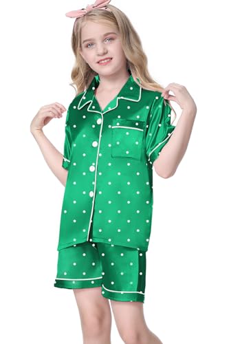 Image of Umeyda Women & Girls Pajamas Set, 2 Piece PJS Satin Silk Sleepwear Button-Down Top with Shorts for Mom Kids Gifts