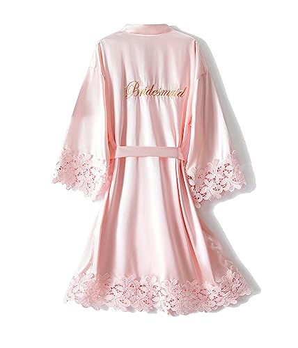 Trek Forte Women's Bridal Lace Trim Robe with Embroidered Bride Bridesmaid Kimono Satin Robes for Wedding Party Sleepwear, Bridesmaid, Pink