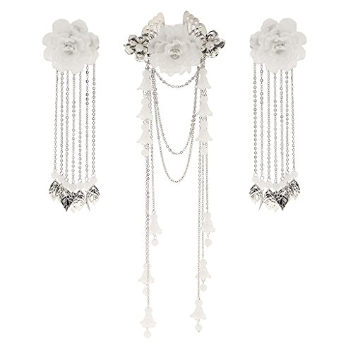 3 Pieces Costume Classic Flower Hair Clip Barrette Long Tassel for Hanfu COS Hair Ornaments - White