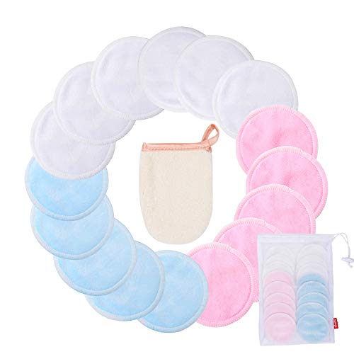 Besego Reusable Makeup Remover Pads (16Pack) + Microfiber Face Cleansing Gloves(1Pack) , Washable Face Rounds, Organic Bamboo Cotton Rounds with 1 EXTRA Laundry Bag, Eco cotton pads for Face&Neck