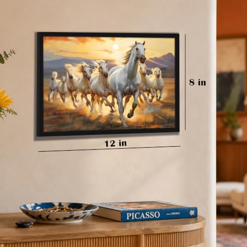 Image of PAINTINGMANTRA 7 White Running Horses Framed Wall Art Painting For Living Room, Vastu Abstract Poster with frame for Wall, Decoration item for bedroom, 10x13 Inch