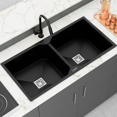 Image of LAPO Dual Bowl Quartz Granite Kitchen Sink | 37x18 Inch UV Protected Surface & Reduce Water Splash Noise | Tap Hole, Coupling, Drain Basket & Hose Pipe | 3 Year Warranty (Black Metallic)