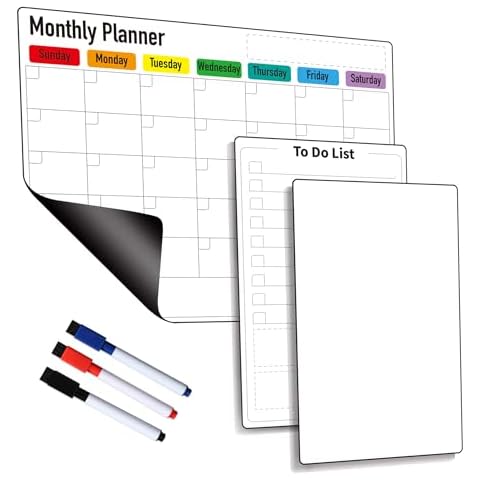 Magnetic Dry Erase Planner for Fridge: Pack of 3-14.6” x 11.6” Magnetic Monthly Calendar with Markers+ 7.3” x 11.6” to Do List Pad & Fridge Whiteboard Cover