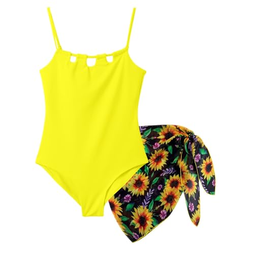 Conjunto playero amarillo niña girasoles falda red y espalda abierta