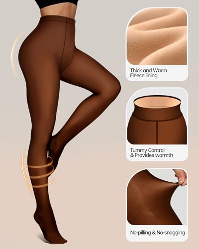 Image of OEAK Womens Fleece Lined Tights Fake Translucent Pantyhose Thermal Opaque High Waisted Winter Legging Footed Sheer Tights