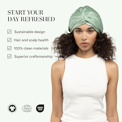 Image of Clementine Sleepwear Essentials Organic Match Point Green Sleep Mask + Hair Bonnet + Queen Size Pillow