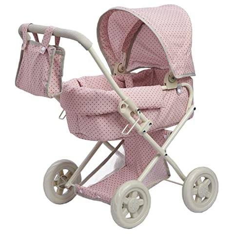 Olivia's Little World Buggy-Style Baby Doll Stroller with Retractable Canopy, Storage Underneath, Detachable Bassinet, Travel Nursery Bag, Comfortable to Push, Pink and Gray Cover