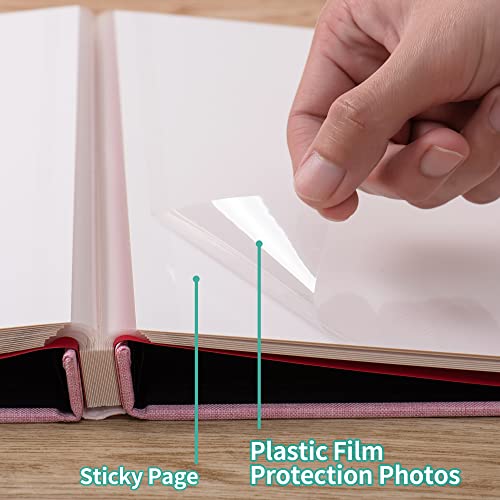 Photo Album Self Adhesive 3x5 4x6 5x7 6x8 8x10 8.5x11 11x10.6 Magnetic Scrapbook Album DIY Length 11x10.6 Inch 40 Pages Linen Cover DIY Photo Album with A Metallic Pen and DIY Accessories(Pink)