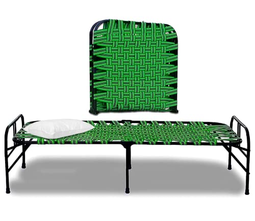 Image of Folding Single Bed | 1 Year Warranty | 3X6 Feet Size | Strong Iron Steel Metal Frame Pipe | Easily Storable for Guests (Virgin Stripe, Multicolor & Pillow)