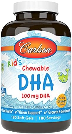 Carlson – Kid’s Chewable DHA, 100 mg DHA, Brain Health, Vision Function, Growth & Development, Orange, 180 Chewable Softgels