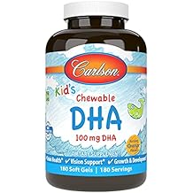 Carlson - Kids Chewable DHA, 100 mg DHA, Brain Health, Vision Function, Growth & Development, Orange, 180 Chewable Softgels